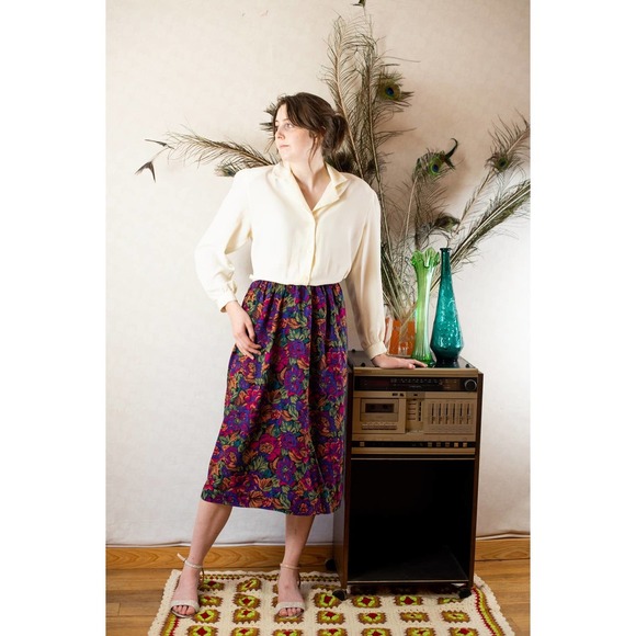 Vintage 80s Autumn Fall Cottagecore Floral Cream Secretary Midi Dress, M… - Picture 2 of 10